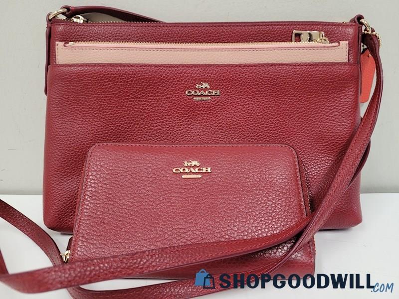 Lot Of 2 Coach Red Leather Zipper Crossbody Bag W/ Zip Around Wallet ...