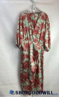 Zara Women's Green/Pink Floral Print Wrap Dress - Sz L