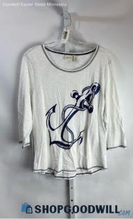 Chico's Women's White/Blue Baggy Graphic T-Shirt - Sz L