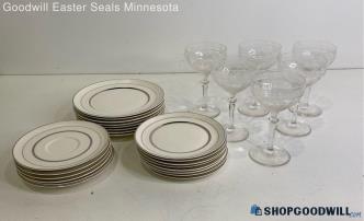 Lot Of Popegosser Era Plates, Saucers & Glass Etched Cups *Pick Up Only*