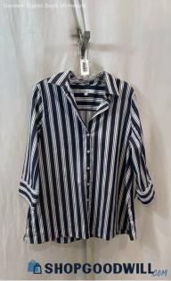 Chico's Women's White and Blue Striped Quarter Sleeve Button Up Shirt - Sz S