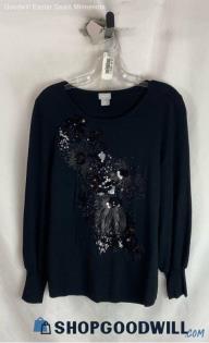 Chico's Women's Black Sequin Detail Scoop Neck Knit Long Sleeve Shirt - Sz M