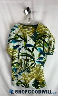 Chico's Women's White/Green Palm Patterned 100% Linen Relaxed Fit Shirt - Sz S