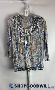 Lucky Brand Women's Beige/Blue 3/4 Sleeve Shirt - Sz M