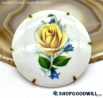 Vintage IDAMAE'S ORIGINAL Yellow Rose Painted Porcelain Brooch