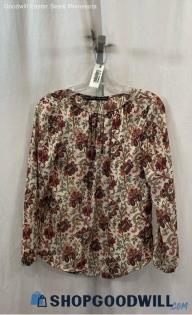 Zara Women's Ivory/Magenta Paisley Floral Long Sleeve Pleated Boat Neck Top sz M