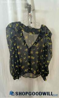 Zara Women's Black/Yellow Floral Print Button up V-neck Sheer Blouse - Sz S