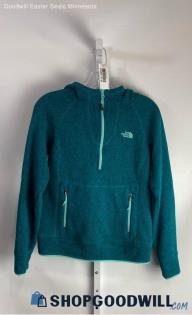 The North Face Women's Heathered Teal Fleece Lined 1/2 Zip Hooded Sweater - Sz S