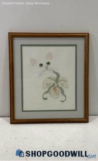 Cat w/Iris Completed Matted & Framed Crewel Cross Stitch Pattern Unsigned