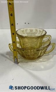 2pc Federal Glass Madrid Amber Footed Creamer & Soup Bowl Yellow Depression