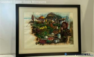 S. Hukmonee Signed Framed Watercolor Sketch Farmer's Market Scene PICKUP ONLY