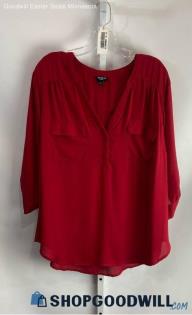 Torrid Women's Cherry Red V Neck Rolled Sleeve Blouse - Sz 2