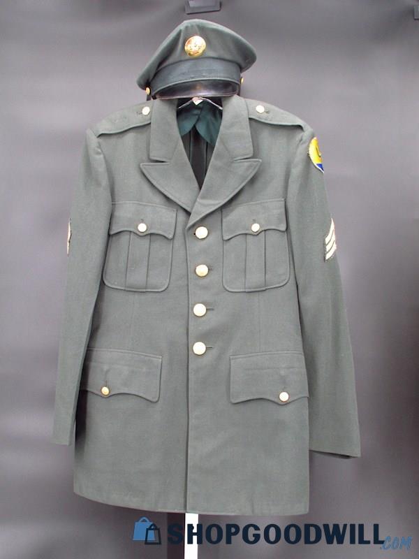 U.S. Army Men's Green Serge Wool Service Coat+Hat+103 Infantry Patch Size R/37