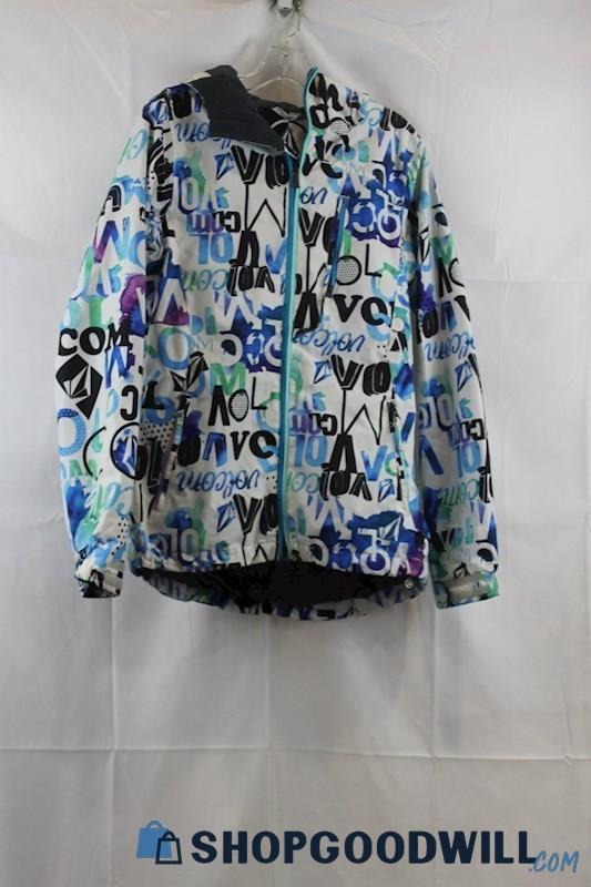 Volcom Women's White/Blue Graphic Rain Jacket SZ M