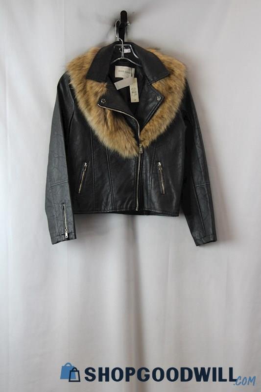 NWT River Island Girl's Black Faux Leather/Fur Trim Jacket SZ-12Yr
