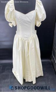 Women's Pale Yellow/Ivory VGT Bridal dress w/Puff sleeves & faux pearl accents