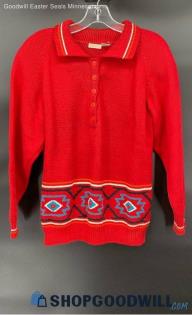 Herilooms Red Pull Over sweater w/Aztec Design Border - Sz M