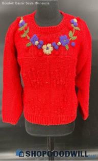 Leslie Fay Separates Women's Classic Red Sweater w/Flower Design - Sz M