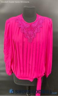 Ms. Classic Women's Fuchsia LS Polyester shirt w/Lace and waist tie - Sz 14