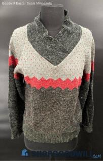 Queen's-Way To Fashion Women's Grey/Black/Red LS Pull Over sweater - Sz L