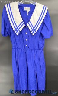 S.L. Fashions Women's 80's Royal Blue & White Dress with large Collar