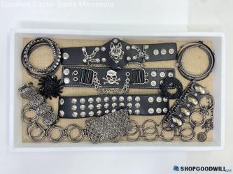 Dark Metal Bracelets, belt + Brooches Costume Jewelry