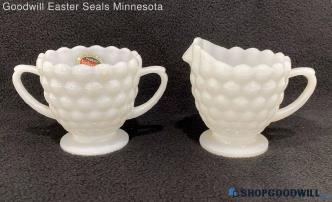 Anchor Hocking Milk Glass Bubble Sugar Bowl & Creamer Set