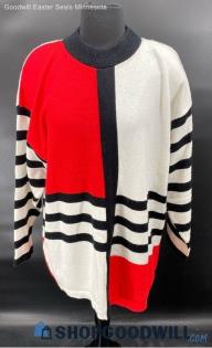 Kelly Burke Women's Red/White/Black LS Pull over acrylic sweater - Sz L