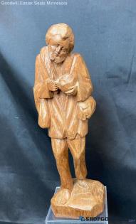 Carved Wooden Man Holding Bowl W Bag Figurine