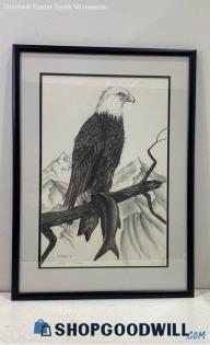 Tom Genereux Signed Framed Bald Eagle w/Fish Pencil Drawing Print 285/600