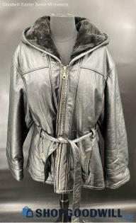 Women's Black Leather Winter coat w/Hood