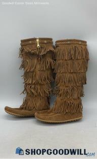 Minnetonka Women's Moccasin Fringe Tall Brown Suede Boots Sz 6