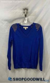 Michael Kors Women's Blue w/ Shoulder Detail V-Neck Sweater - Sz S