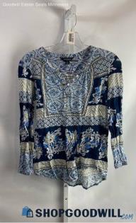 Lucky Brand Women's Blue/White Design Pattern Long Sleeve Blouse - Sz S