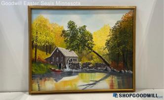 Jeanine Signed Old Mill Autumn Rainbow Landscape 30x24" Framed Painting