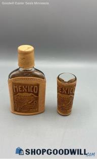 2pc Unbranded Handmade Mexico Glass Leather Flask And Shot Glass Bar Decor