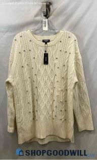 NWT Express Women's Ivory Cable Knit Crewneck Studded Sweater - Sz M