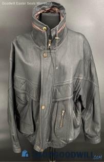 Men's Black Leather Jacket with high collar - Sz 26