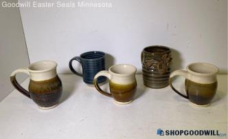 Stoneware Handmade Glazed Brown & Blue Mixed Mugs 5pc Lot