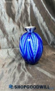 Cobalt Blue Glass Vase W White & Blue Design