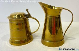 2pc Indian-Brass-Style Metal 6.5" Pitcher & 5.25" Lidded Beer Stein