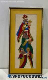 Bucilla Framed "Three Wise Men" Vtg Long Stitch Crewel Embroidered Holiday Decor