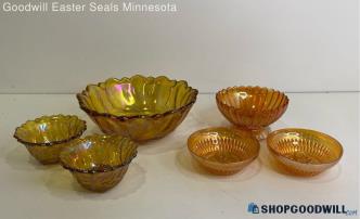 Lot Of 6pc Marigold Iridescent Bowls & Candlestick Holders