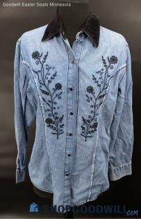 Solutions Blues Women's LWT Denim Black Flower Embroidered LS shirt - Sz S