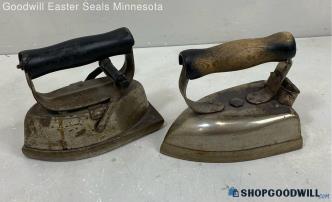 2 Antique Weighted Clothes Irons Dover No 5 & Other