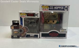 3 Funko Pop Stanger Things Dart, Byers House Hopper Figures & Dustin Keychain