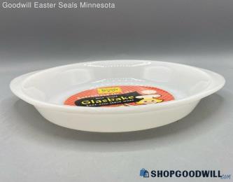 Glasbake 3J518 Milk Glass 10 1/2" Baking Pie Dish w/ Original Advertisement Tag