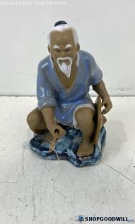 7 1/2" Ceramic Hand Painted Chinese Fisherman Figurine Sculpture Vintage