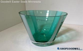 Heavy Aqua Green New Wave Art Glass Bowl With White Stripes 6 In. Height