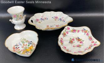 Multi Brand Floral China Tray & Vase Set Of 4 Vintage Hand Painted Decorative